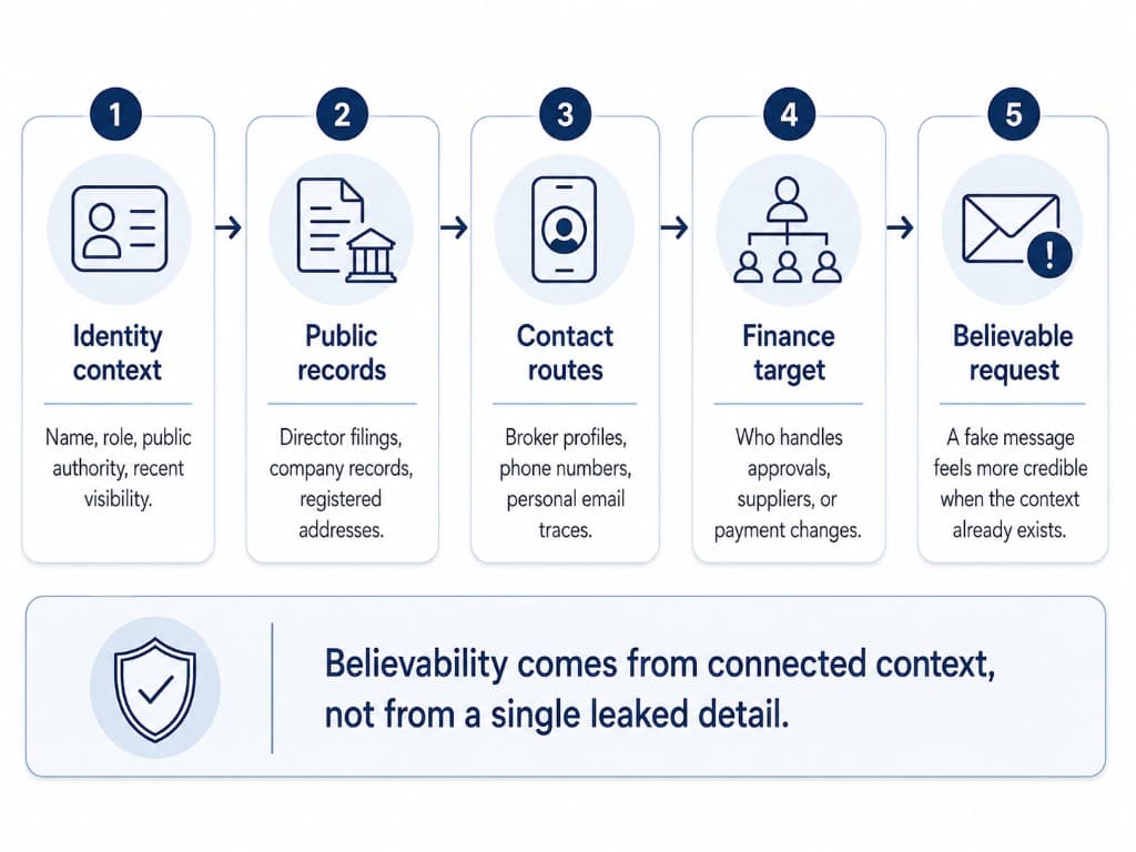 Five-step defensive diagram showing how identity context, public records, contact routes, finance context, and timing can make a fake executive request more believable.