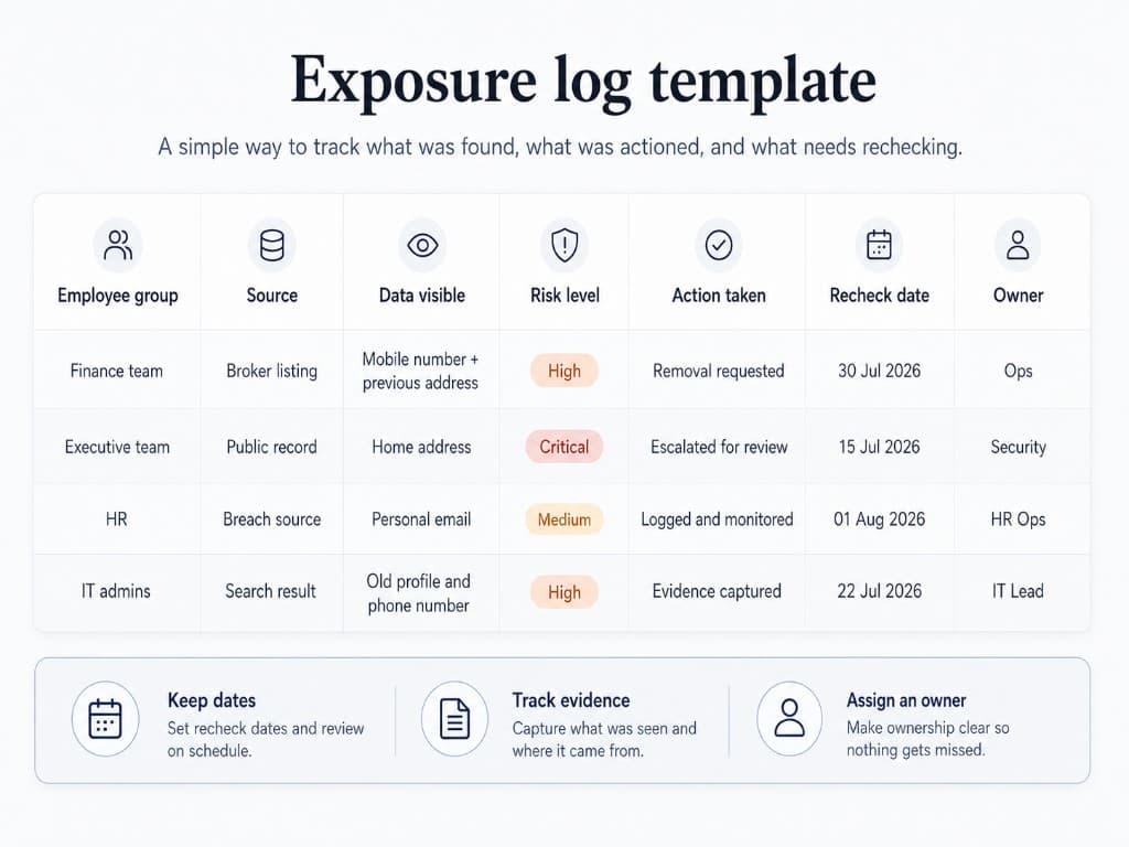 Example exposure log template for recording employee group, source, visible data, risk level, action taken, recheck date, and owner