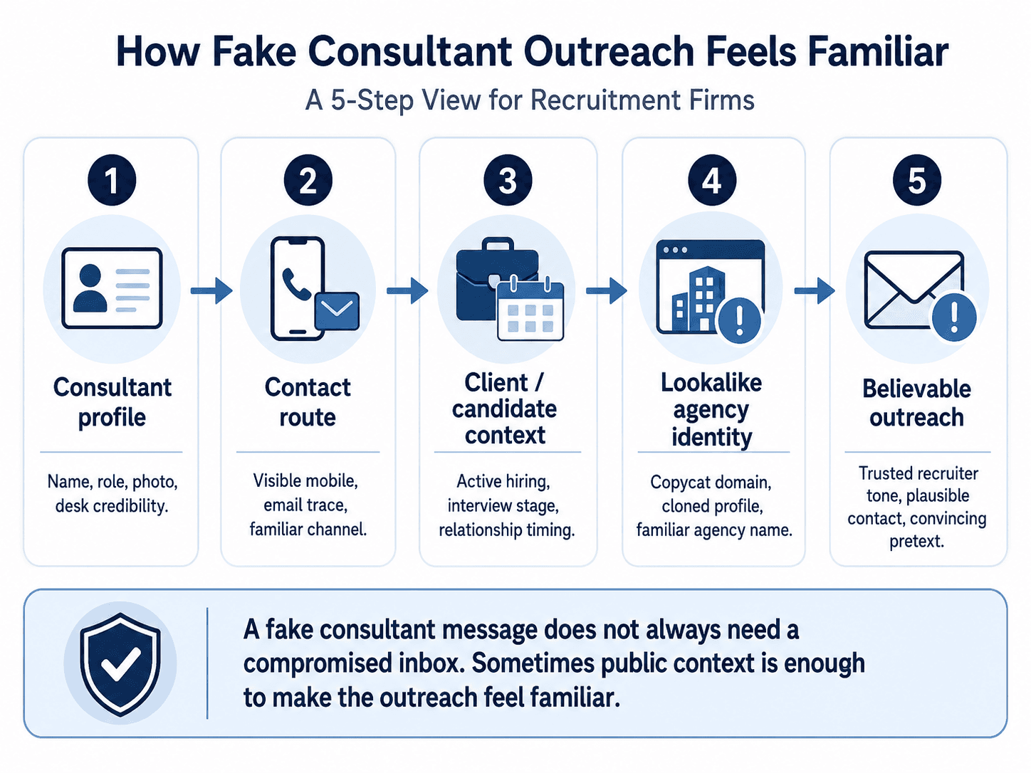 Five-step defensive diagram showing how consultant profiles, contact routes, client or candidate context, lookalike agency identity, and familiar outreach can make a fake consultant message more believable.
