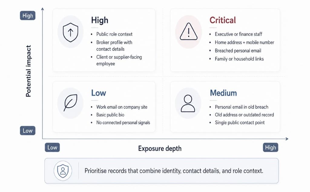Priority matrix showing how exposure depth and business impact determine employee exposure risk